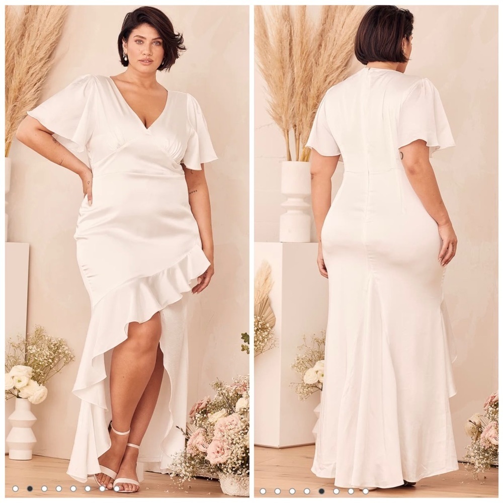 LULU’S Eternal Bond White Satin Ruffled Flutter Sleeve Maxi Dress Size 2X